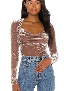 Free People Taupe Velvet Cowl Neck Long Sleeve Bodysuit Size M